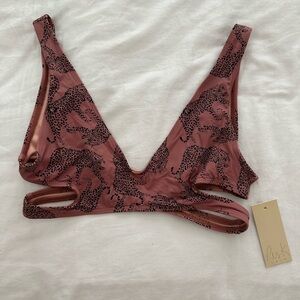Deep V Leopard-Print Bikini Top in Dusty Rose
